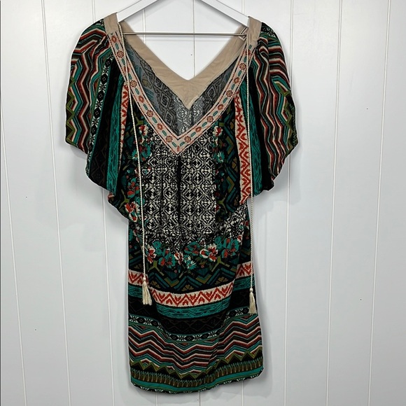 Flying Tomato Womens Mini Dress M Black Green Tribal Print Embroidery 100% Rayon - Picture 1 of 13